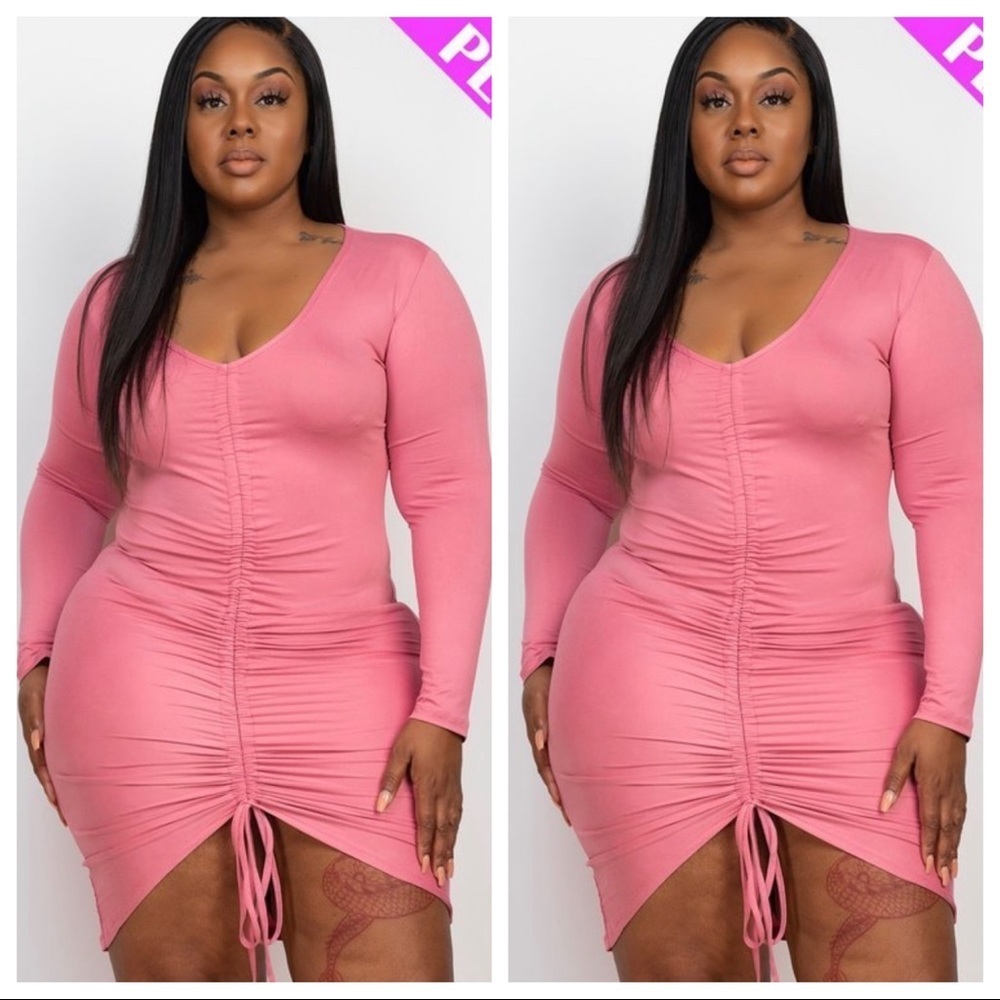 J. ELISE BOUTIQUE PLUS SIZE POLIGNAC LONG SLEEVE RUCHED MIDI DRESS